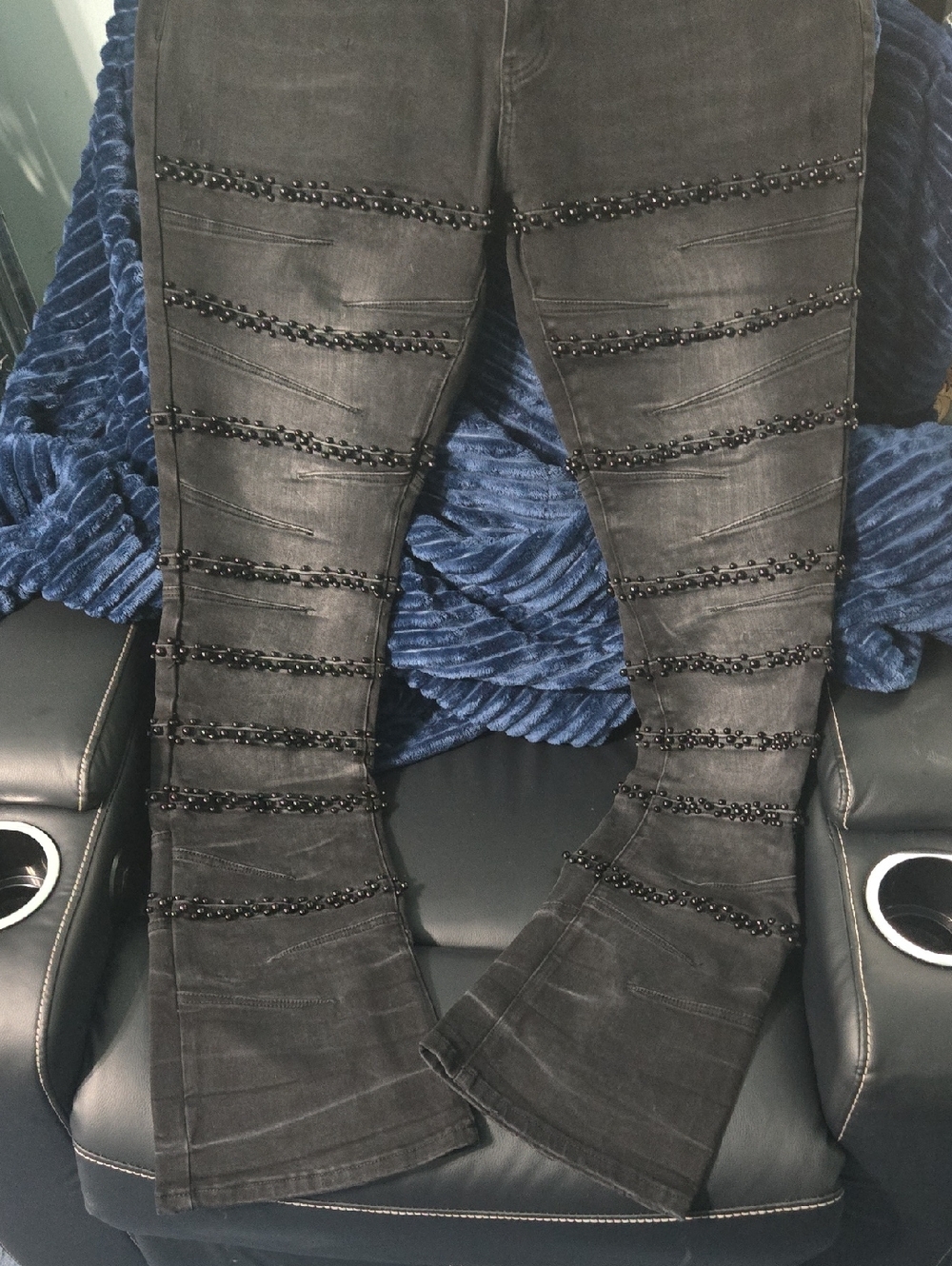 Slim Black Men’s Jeans with Beaded Trim